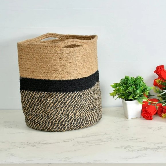 Jute Basket | Black Zigzag, Circle | 8, 12 Inches | Set of 2 - Picture 2 of 6